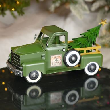 Small Green Iron Pickup Truck with Christmas Tree