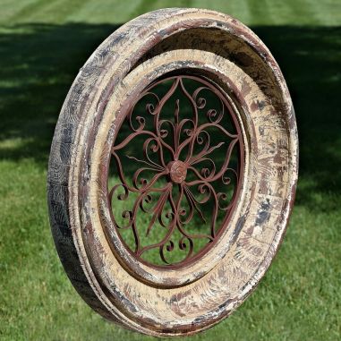 Round Wooden Wall Frame with Iron Decor Center in Barcelona Red Finish